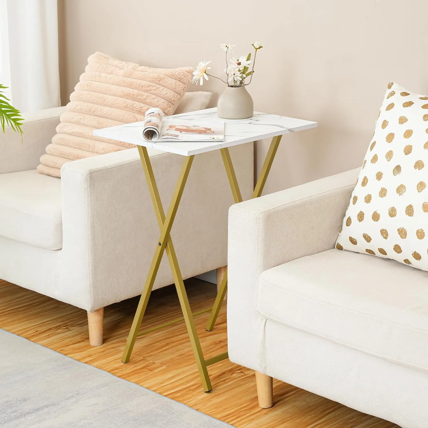 HOOBRO Folding TV Tray Table, Stable Snack Table for Small Space, Portable Sofa Side Desk, Easy Assembly and Storage, Ideal for Snacks and Meals in Living Room, Marble and Gold DM15BZ01