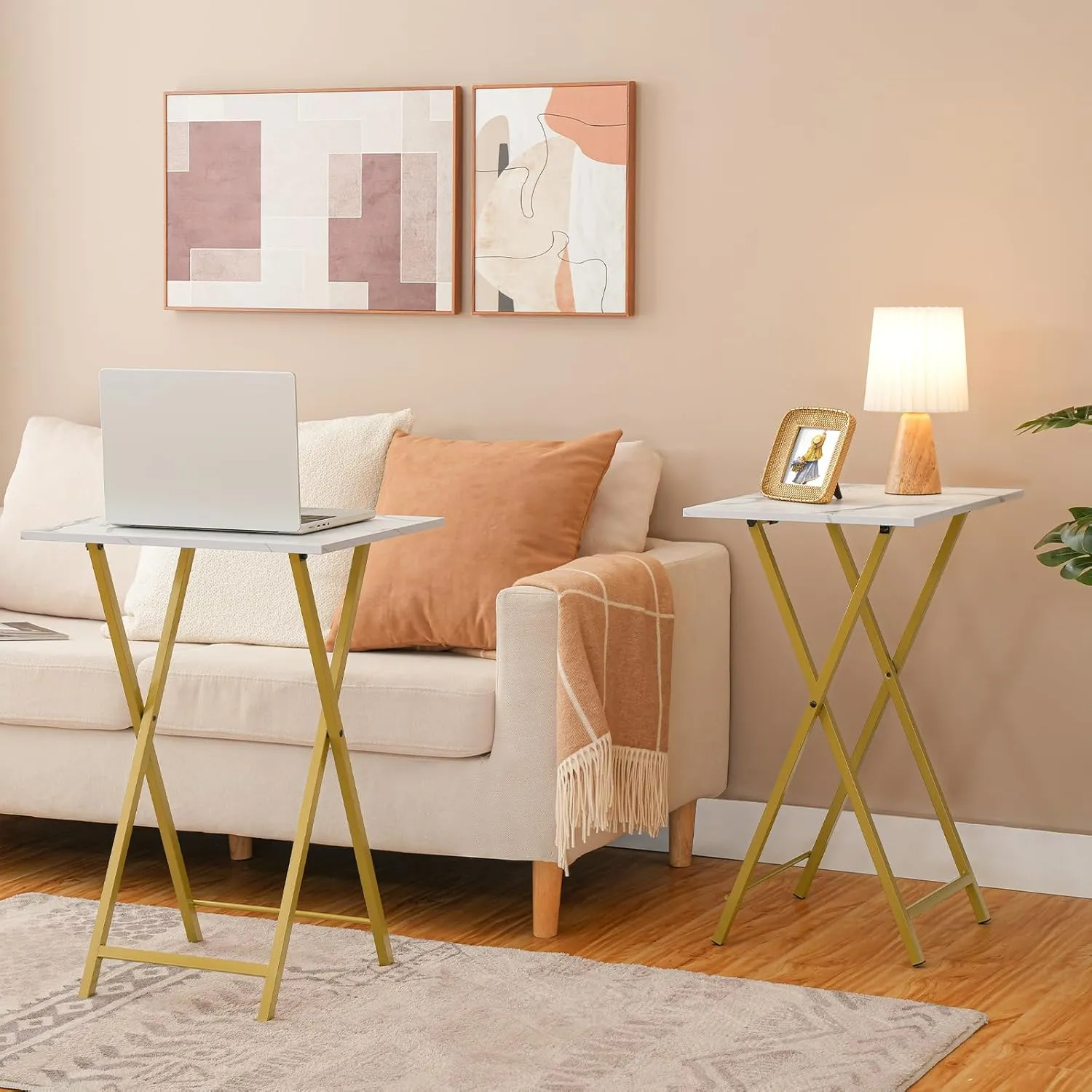 HOOBRO Folding TV Tray Table, Stable Snack Table for Small Space, Portable Sofa Side Desk, Easy Assembly and Storage, Ideal for Snacks and Meals in Living Room, Marble and Gold DM15BZ01