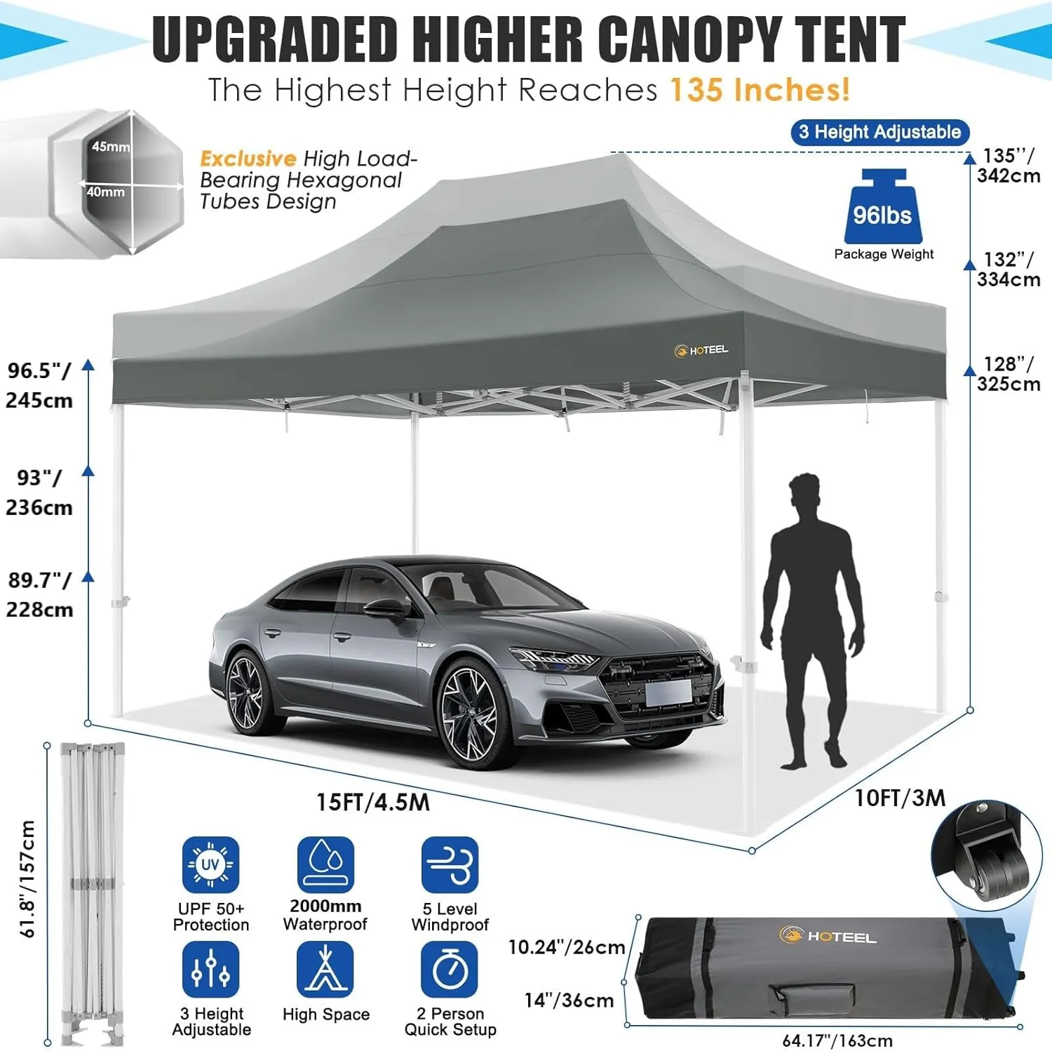HOTEEL 10x15 Heavy Duty Pop Up Canopy Tent for Parties Event Wedding Commercial Instant Canopy Portable Shelter Folding with Roller Bag, Waterproof UV Resistant, Upgraded Thick Hexagonal Legs, Gray