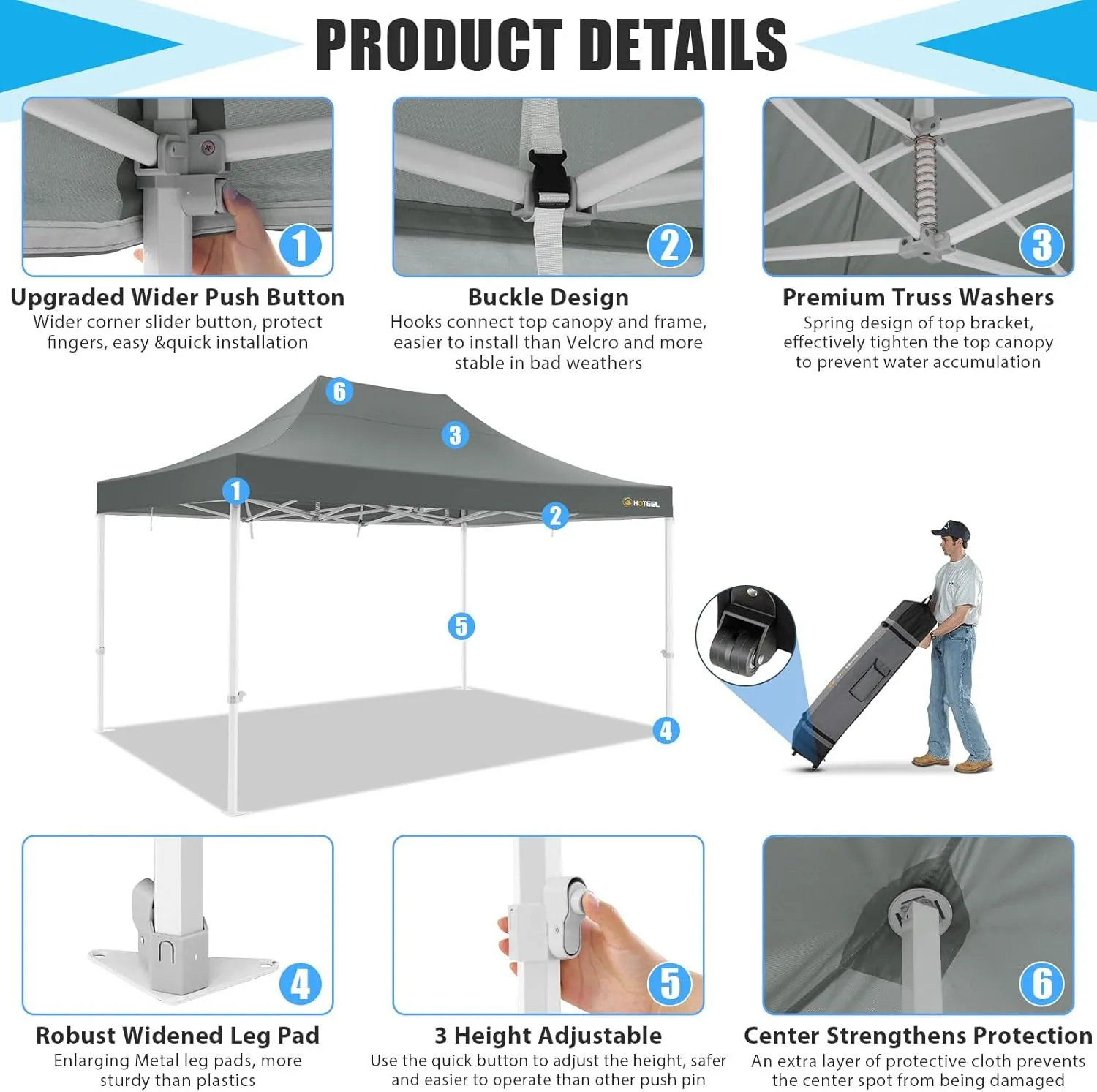 HOTEEL 10x15 Heavy Duty Pop Up Canopy Tent for Parties Event Wedding Commercial Instant Canopy Portable Shelter Folding with Roller Bag, Waterproof UV Resistant, Upgraded Thick Hexagonal Legs, Gray