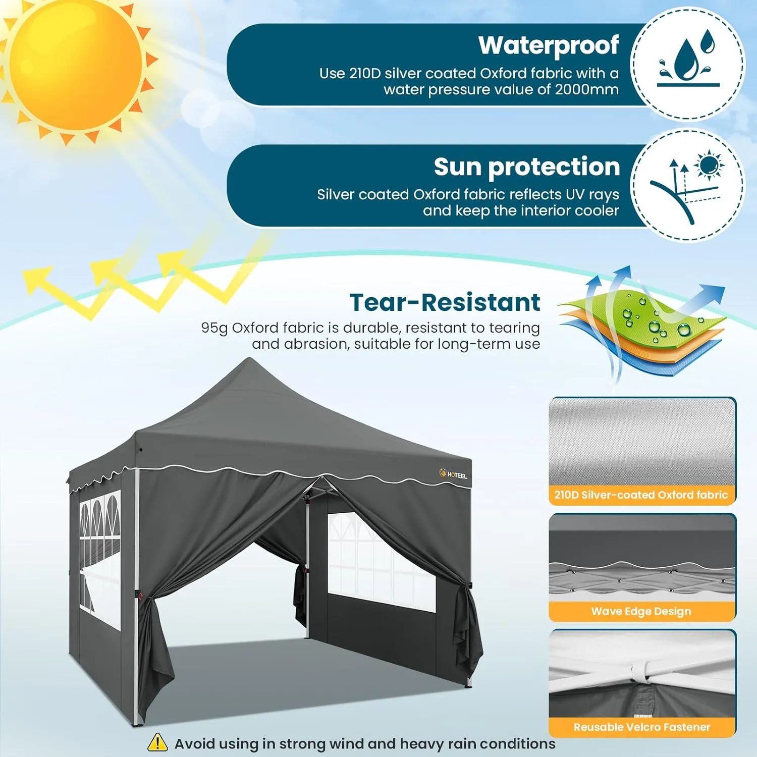 HOTEEL Canopy Tent 10x10 Pop Up Canopy with 4 Removable Sidewalls, Sandbags, Stakes & Ropes, UPF 50  Easy Setup Canopy Tent Waterproof Outdoor Instant Portable Shelter for Party, Events, Vendor, Gray