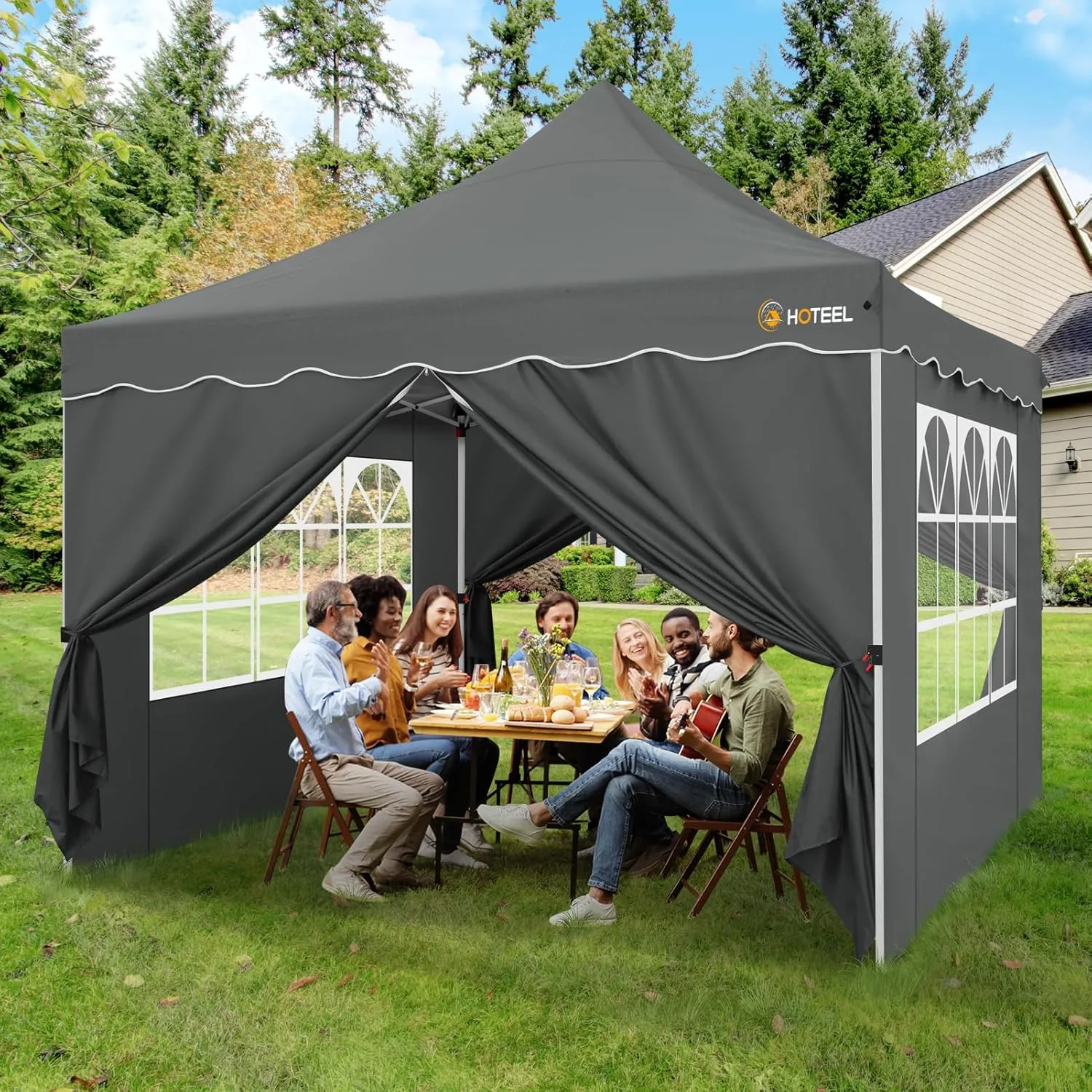 HOTEEL Canopy Tent 10x10 Pop Up Canopy with 4 Removable Sidewalls, Sandbags, Stakes & Ropes, UPF 50  Easy Setup Canopy Tent Waterproof Outdoor Instant Portable Shelter for Party, Events, Vendor, Gray