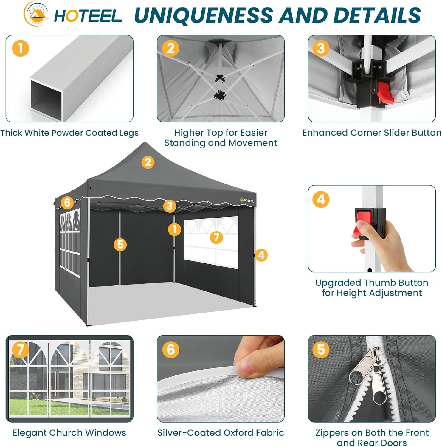 HOTEEL Canopy Tent 10x10 Pop Up Canopy with 4 Removable Sidewalls, Sandbags, Stakes & Ropes, UPF 50  Easy Setup Canopy Tent Waterproof Outdoor Instant Portable Shelter for Party, Events, Vendor, Gray