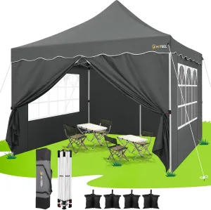 HOTEEL Canopy Tent 10x10 Pop Up Canopy with 4 Removable Sidewalls, Sandbags, Stakes & Ropes, UPF 50  Easy Setup Canopy Tent Waterproof Outdoor Instant Portable Shelter for Party, Events, Vendor, Gray