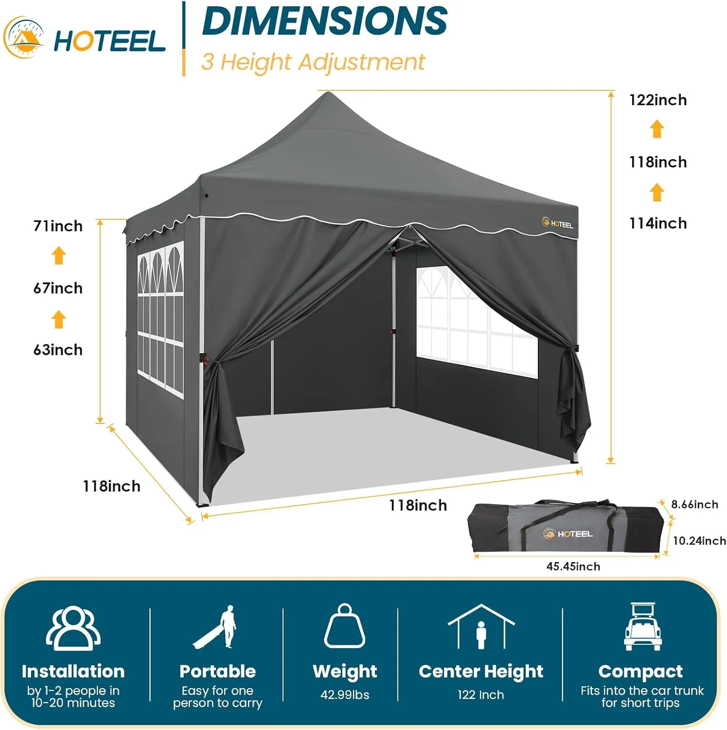HOTEEL Canopy Tent 10x10 Pop Up Canopy with 4 Removable Sidewalls, Sandbags, Stakes & Ropes, UPF 50  Easy Setup Canopy Tent Waterproof Outdoor Instant Portable Shelter for Party, Events, Vendor, Gray