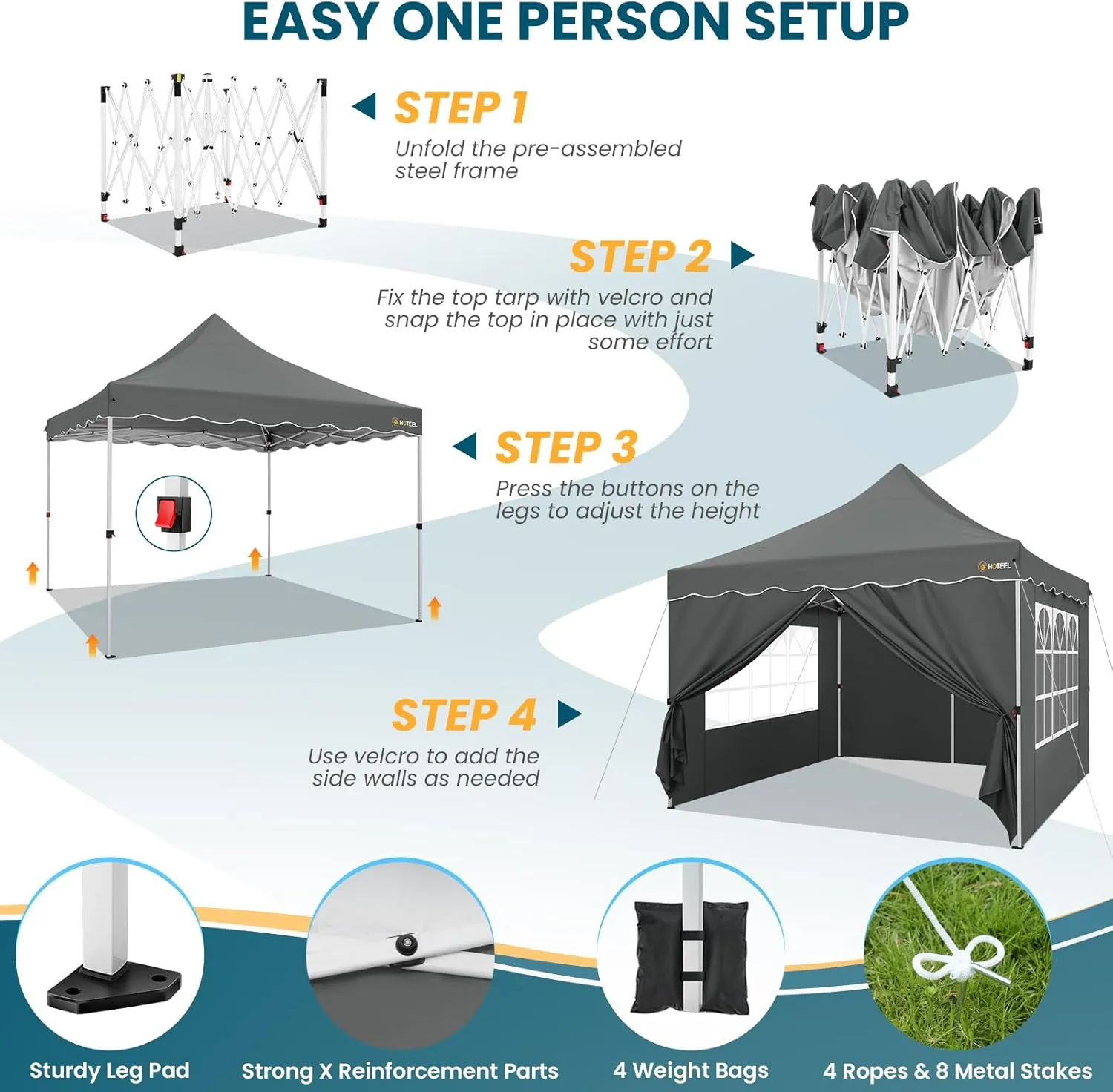 HOTEEL Canopy Tent 10x10 Pop Up Canopy with 4 Removable Sidewalls, Sandbags, Stakes & Ropes, UPF 50  Easy Setup Canopy Tent Waterproof Outdoor Instant Portable Shelter for Party, Events, Vendor, Gray