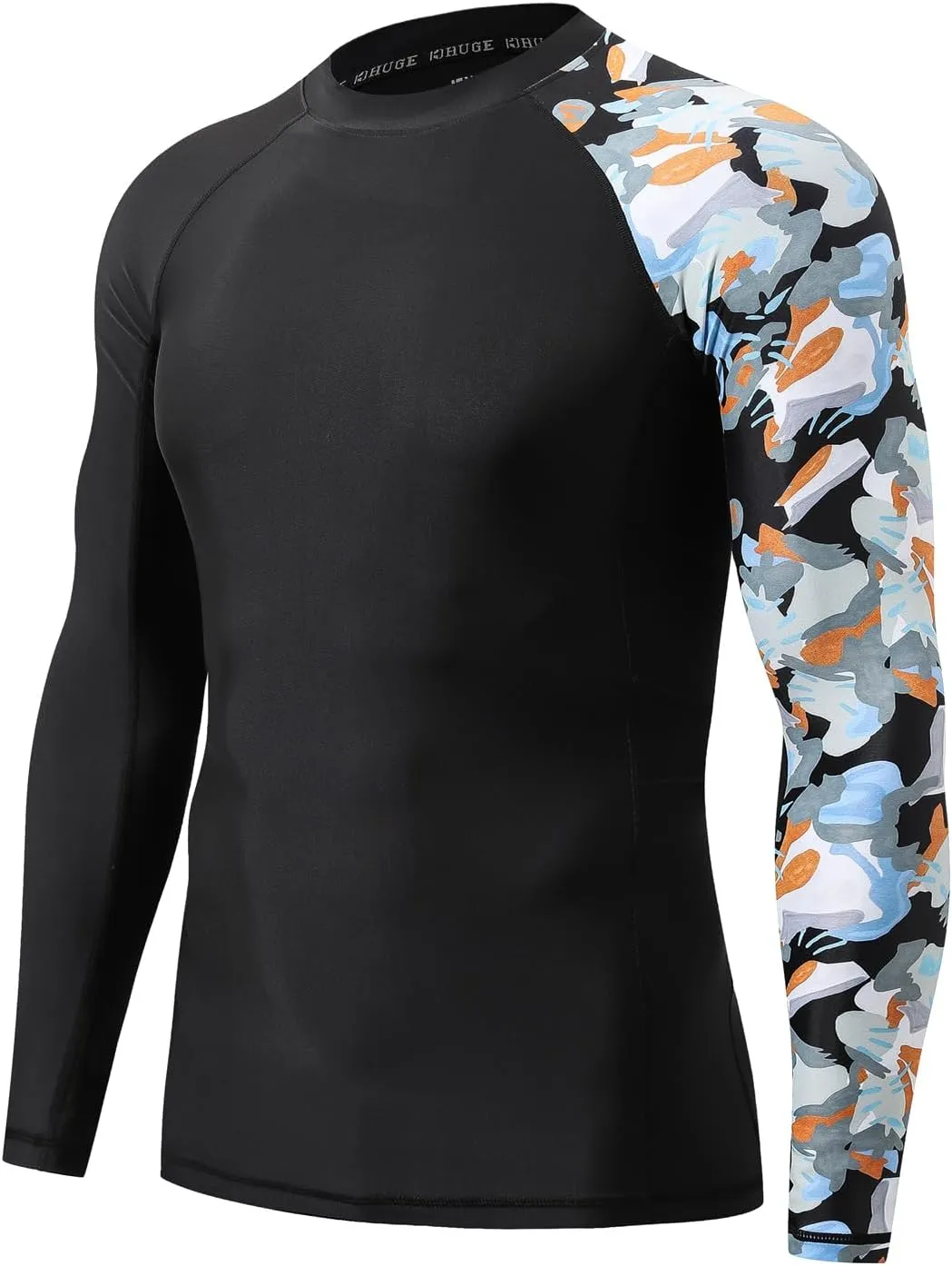 HUGE SPORTS Men's Rash Guard Long Sleeves UPF 50  UV Sun Protection Quick Drying Splice Compression Swim Shirts