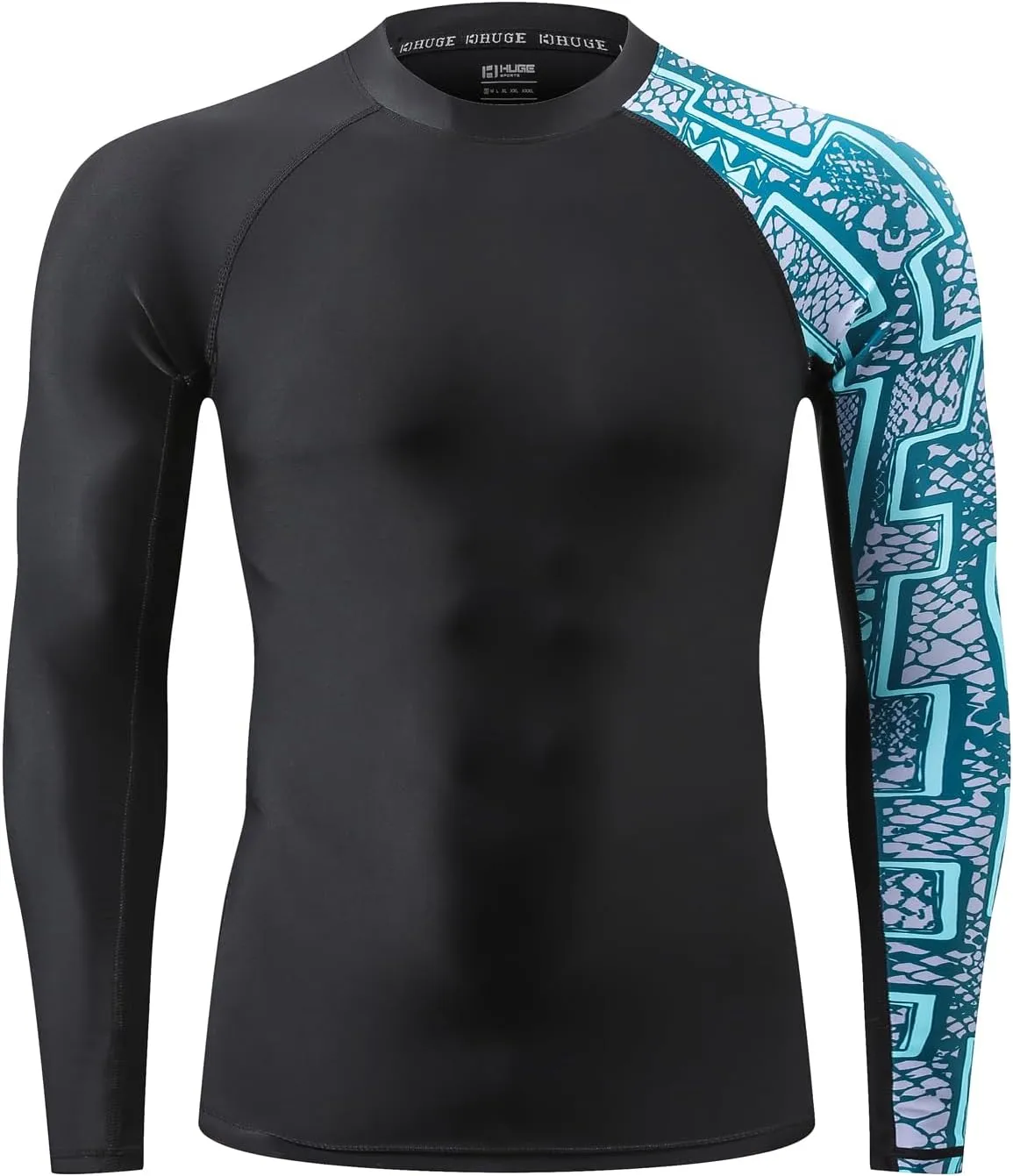 HUGE SPORTS Men's Rash Guard Long Sleeves UPF 50  UV Sun Protection Quick Drying Splice Compression Swim Shirts