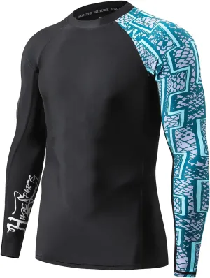 HUGE SPORTS Men's Rash Guard Long Sleeves UPF 50  UV Sun Protection Quick Drying Splice Compression Swim Shirts