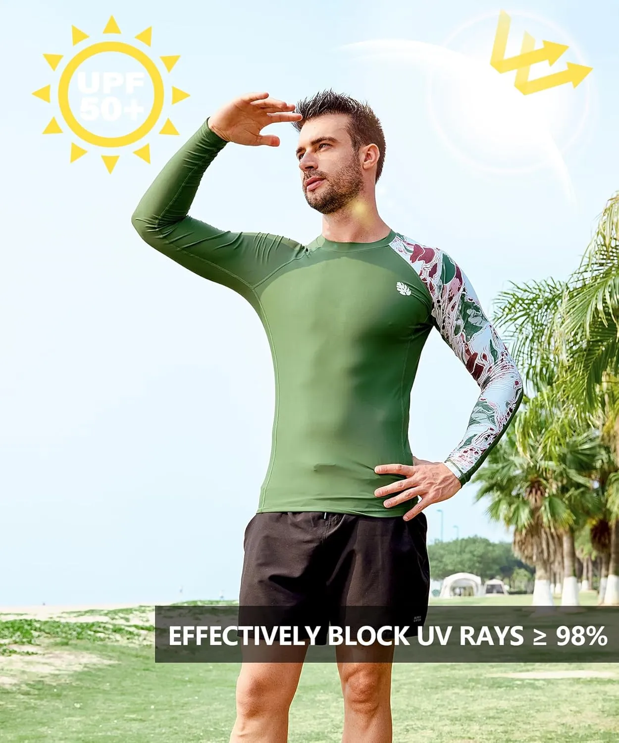 HUGE SPORTS Men's Rash Guard Long Sleeves UPF 50  UV Sun Protection Quick Drying Splice Compression Swim Shirts