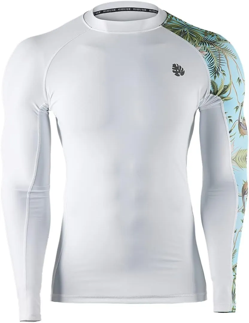 HUGE SPORTS Men's Rash Guard Long Sleeves UPF 50  UV Sun Protection Quick Drying Splice Compression Swim Shirts