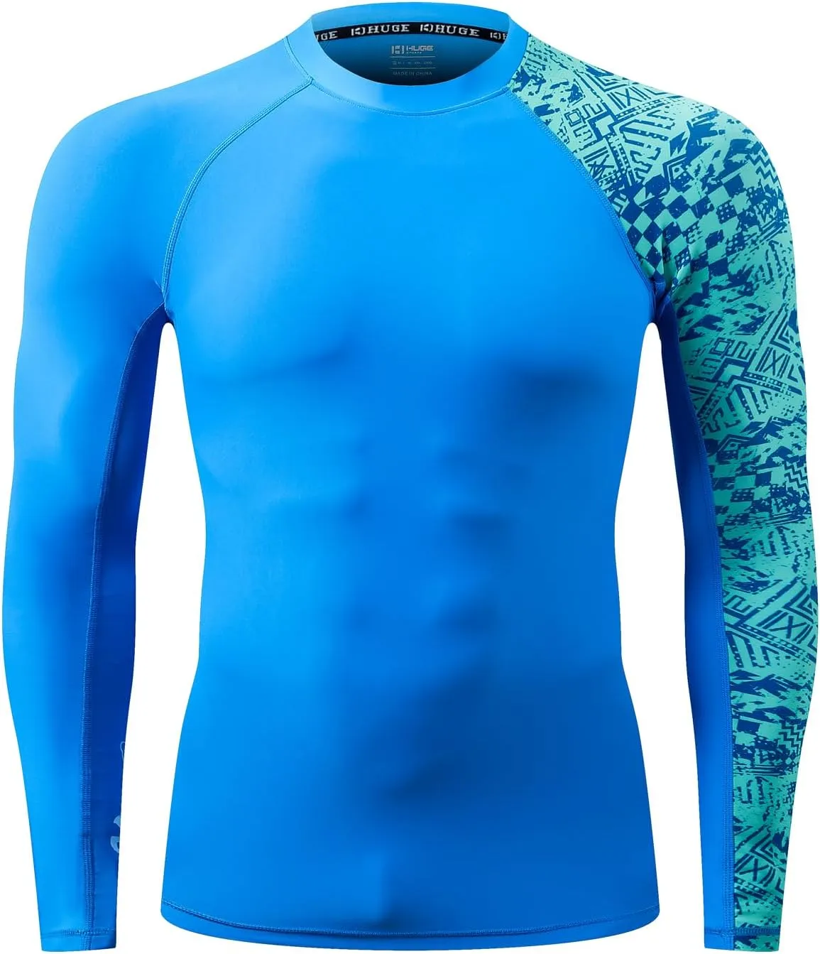 HUGE SPORTS Men's Rash Guard Long Sleeves UPF 50  UV Sun Protection Quick Drying Splice Compression Swim Shirts