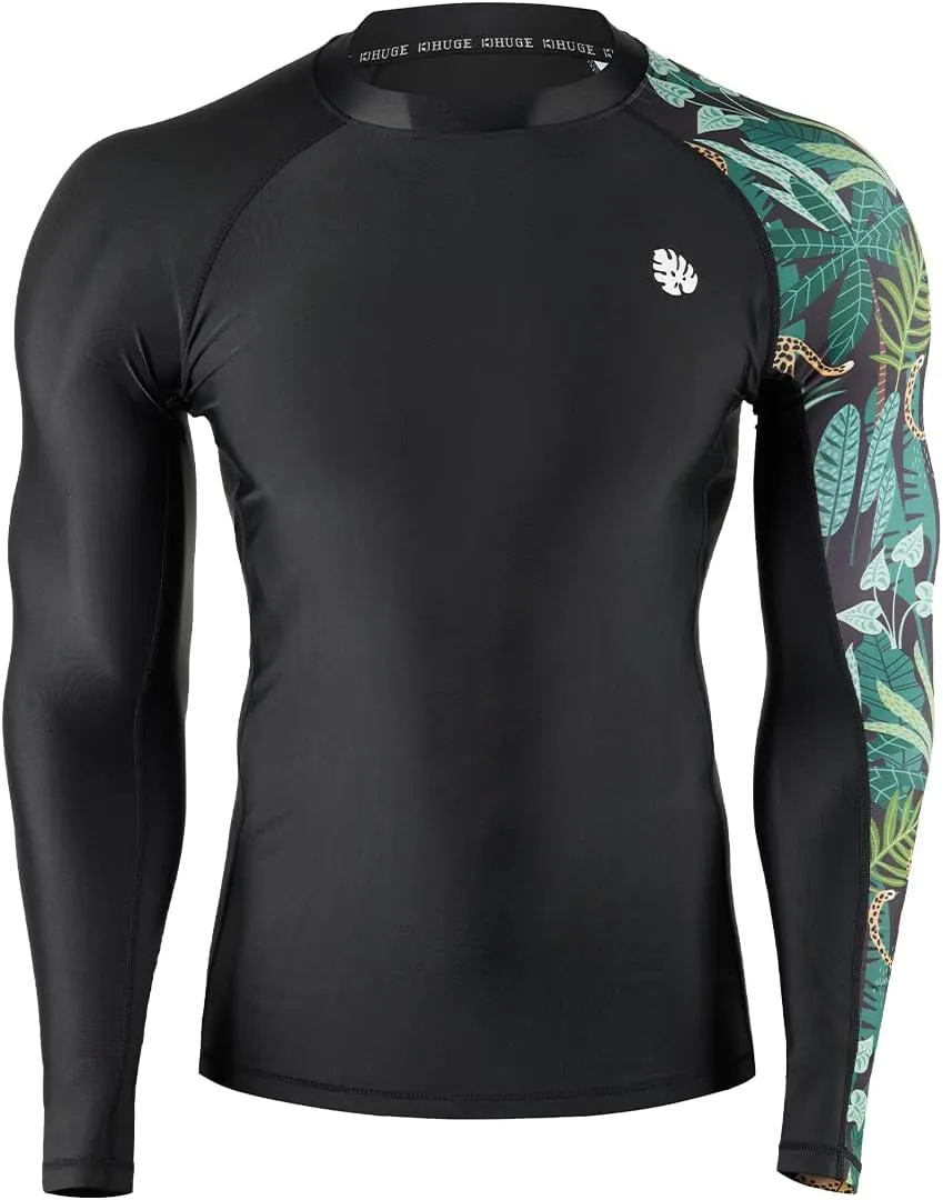 HUGE SPORTS Men's Rash Guard Long Sleeves UPF 50  UV Sun Protection Quick Drying Splice Compression Swim Shirts