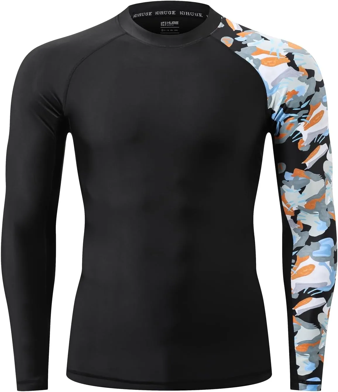 HUGE SPORTS Men's Rash Guard Long Sleeves UPF 50  UV Sun Protection Quick Drying Splice Compression Swim Shirts
