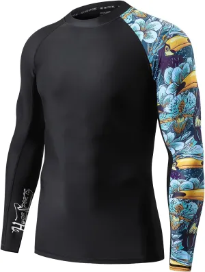 HUGE SPORTS Men's Rash Guard Long Sleeves UPF 50  UV Sun Protection Quick Drying Splice Compression Swim Shirts