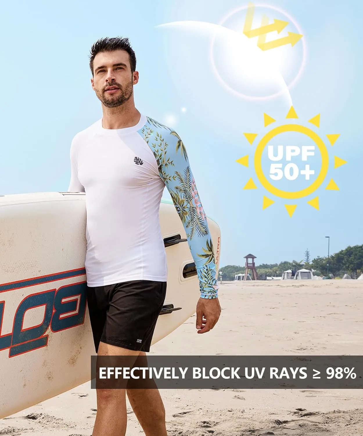 HUGE SPORTS Men's Rash Guard Long Sleeves UPF 50  UV Sun Protection Quick Drying Splice Compression Swim Shirts