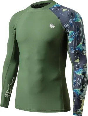 HUGE SPORTS Men's Rash Guard Long Sleeves UPF 50  UV Sun Protection Quick Drying Splice Compression Swim Shirts