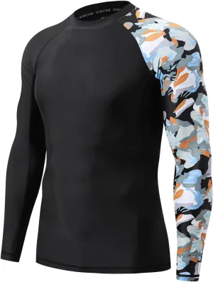 HUGE SPORTS Men's Rash Guard Long Sleeves UPF 50  UV Sun Protection Quick Drying Splice Compression Swim Shirts