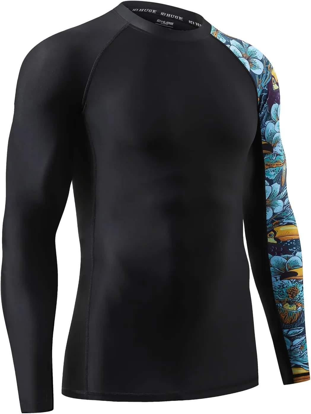 HUGE SPORTS Men's Rash Guard Long Sleeves UPF 50  UV Sun Protection Quick Drying Splice Compression Swim Shirts