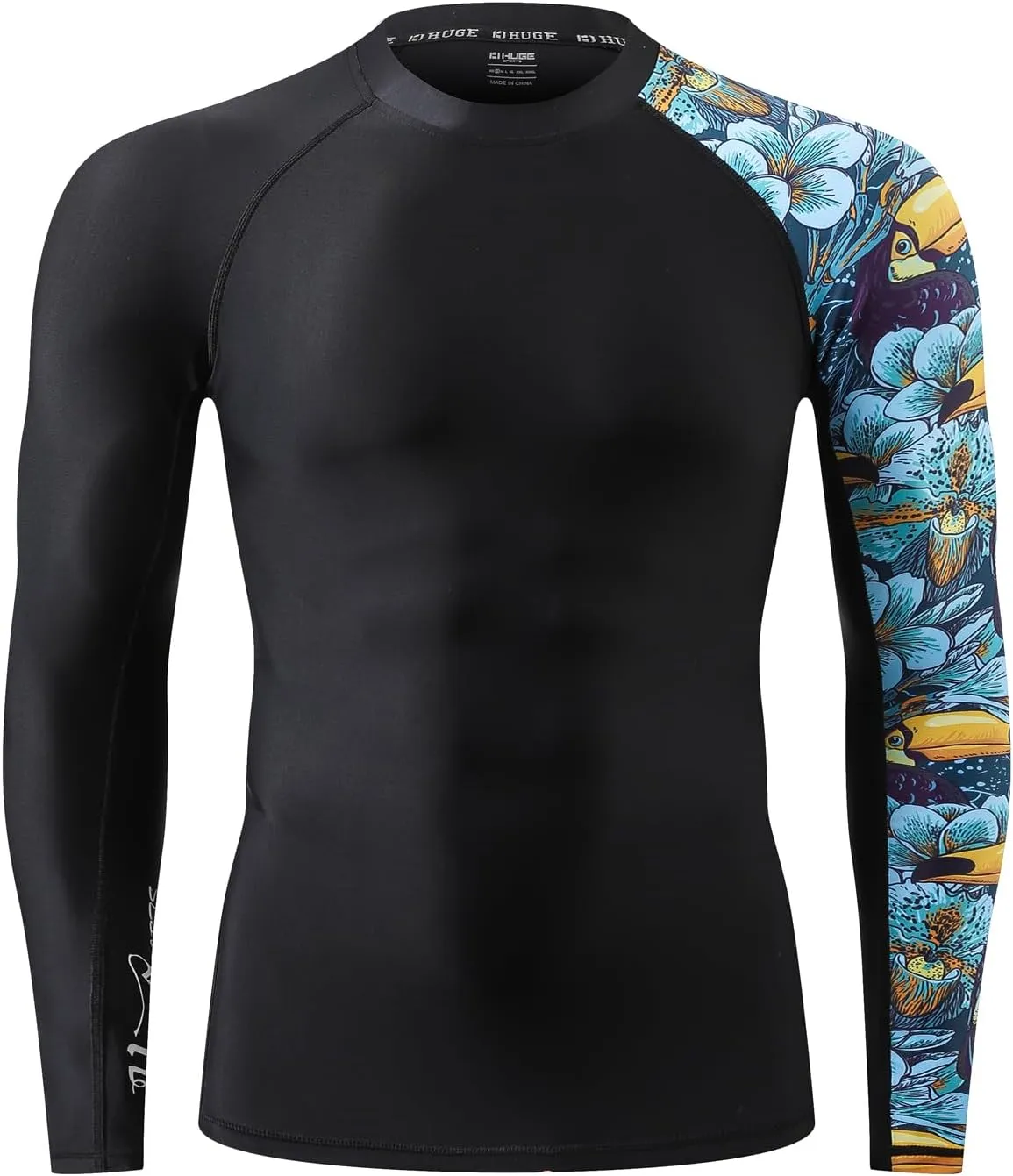 HUGE SPORTS Men's Rash Guard Long Sleeves UPF 50  UV Sun Protection Quick Drying Splice Compression Swim Shirts