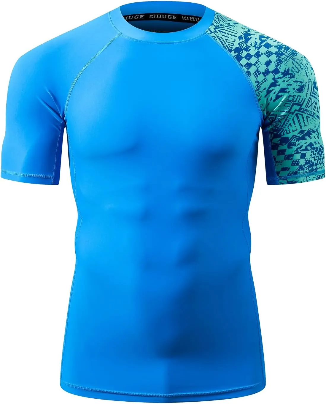 HUGE SPORTS Men's Splice UV Sun Protection UPF 50  Skins Rash Guard Short Sleeves