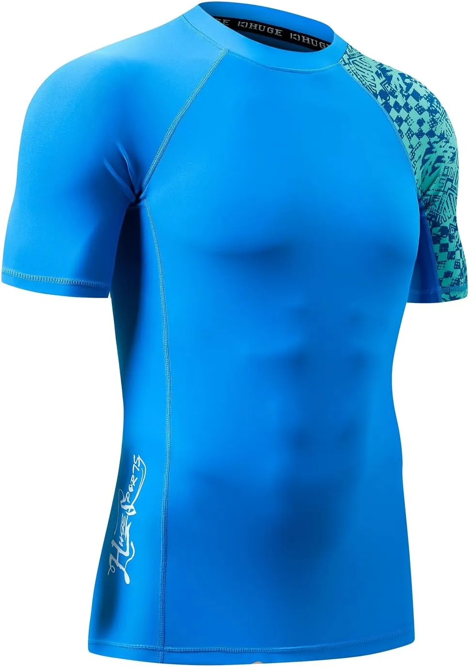 HUGE SPORTS Men's Splice UV Sun Protection UPF 50  Skins Rash Guard Short Sleeves