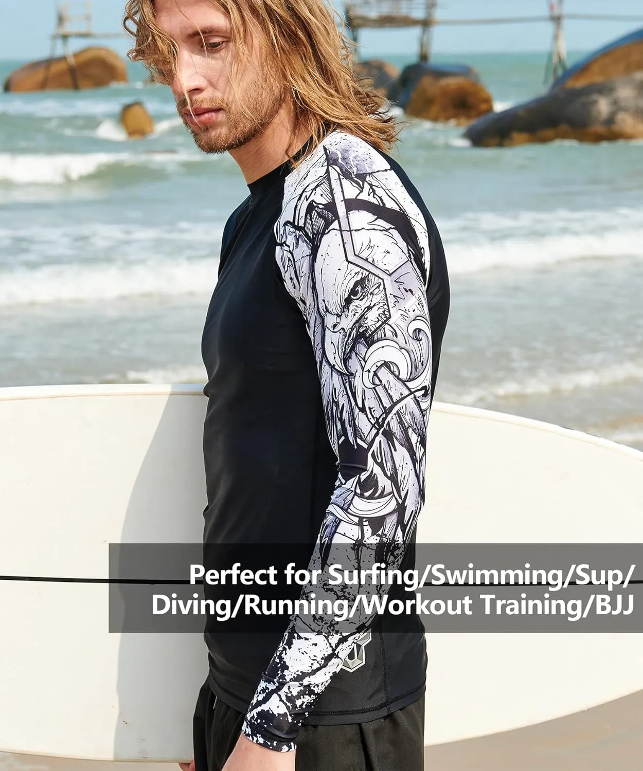 HUGE SPORTS Men's Swim Shirts Long Sleeve UPF 50  Rash Guard Sun Shirts UV Sun Protection