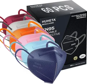 HUHETA KN95 Face Mask 60 Pack, 5-Ply Breathable & Comfortable Safety Mask, Filter Efficiency≥95%, Protective Cup Dust Masks Against PM2.5 - Individually Wrapped (Multicolored Mask)