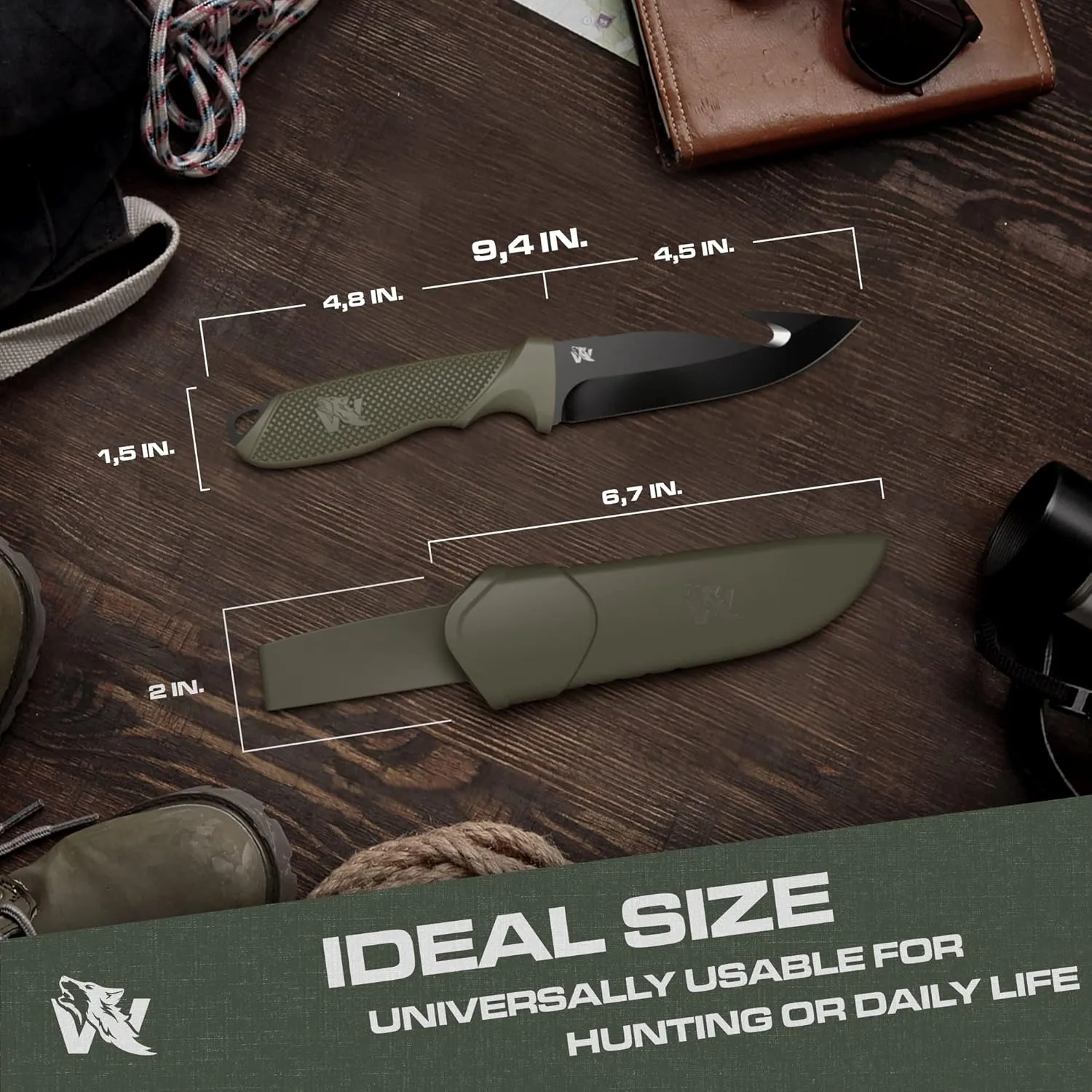 HUNTER 2 - Tactical Hunting Knife with Gut Hook - Deer SkinningKnife for Hunting - Knife Fixed Blade with Sheath - Field Dressing Knive with Gutting Hook - Survival Knife with Sheath