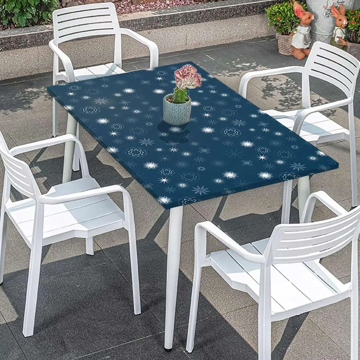 Indigo White Rectangular Table Covers, Romantic Floral Background Fitted Spandex Stretch Square Table Covers Caps Elastic Square Tablecloth Abstract Fits up 5 Foot Tables