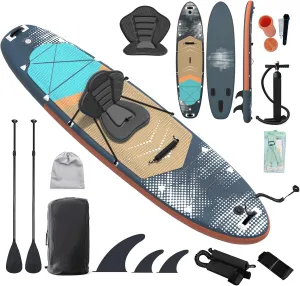 Inflatable 10.5' Stand Up Paddle Board with Strapped Seat, Premium SUP Board Kit, Includes Paddle, Pump, Backpack, Waterproof Bag, Perfect for Yoga, Fishing, and Surfing, Dark Blue & Red