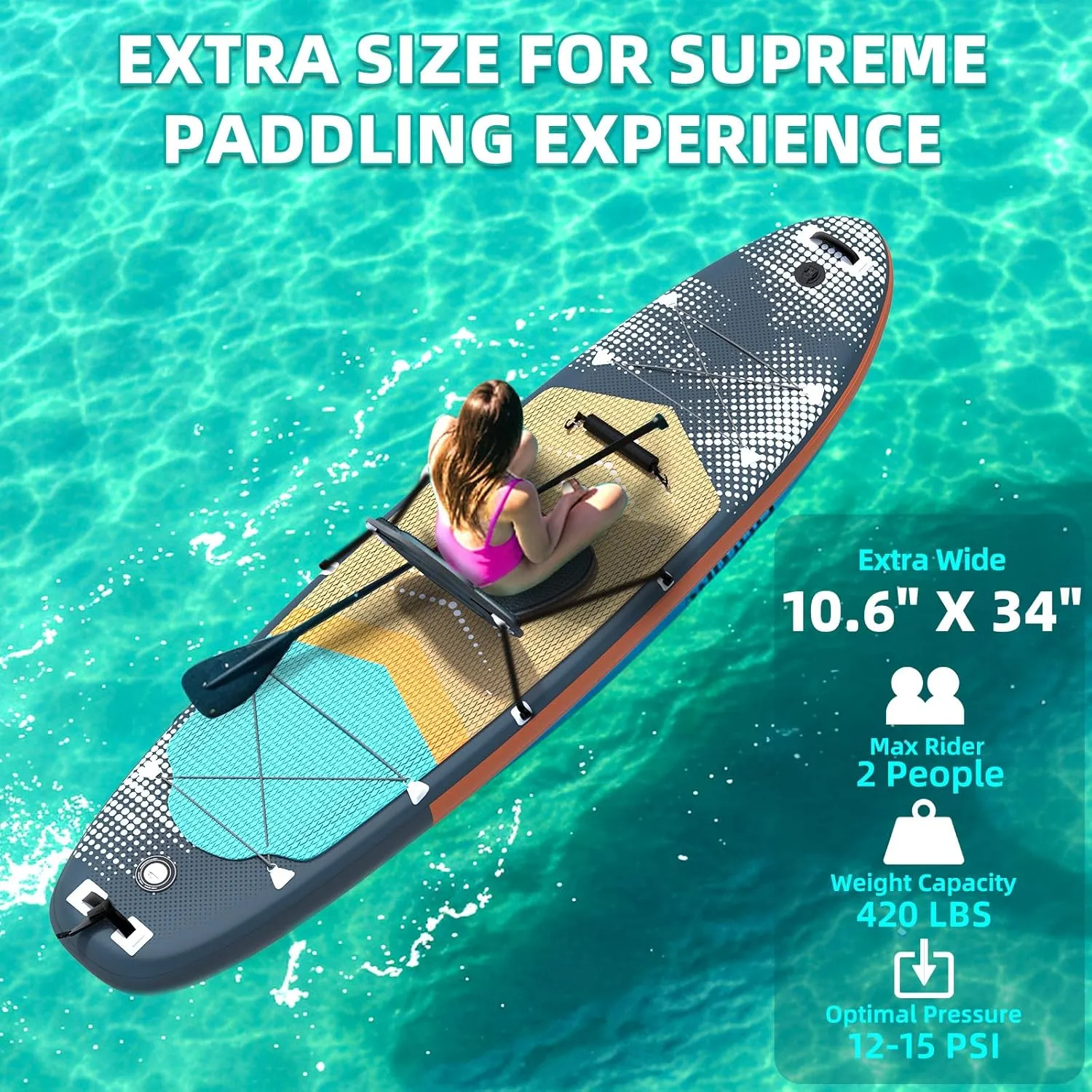 Inflatable 10.5' Stand Up Paddle Board with Strapped Seat, Premium SUP Board Kit, Includes Paddle, Pump, Backpack, Waterproof Bag, Perfect for Yoga, Fishing, and Surfing, Dark Blue & Red