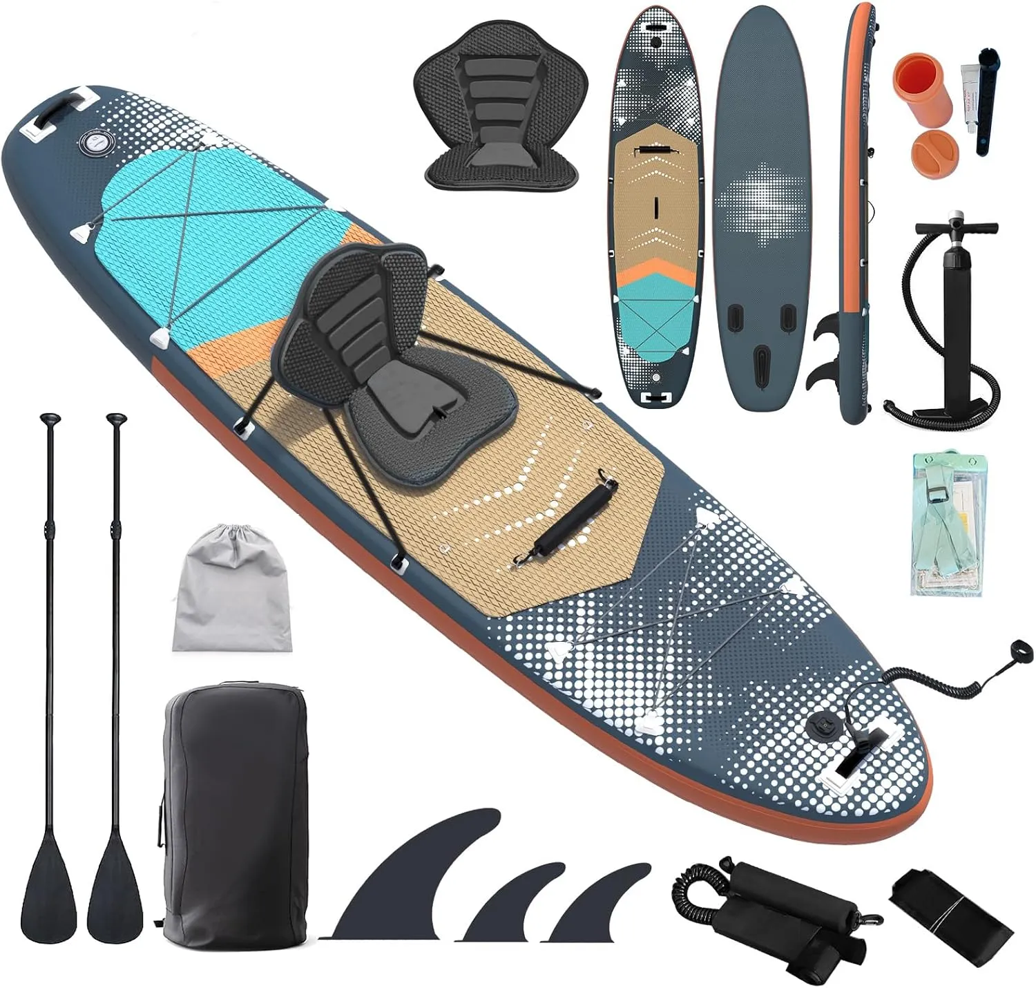 Inflatable 10.5' Stand Up Paddle Board with Strapped Seat, Premium SUP Board Kit, Includes Paddle, Pump, Backpack, Waterproof Bag, Perfect for Yoga, Fishing, and Surfing, Dark Blue & Red