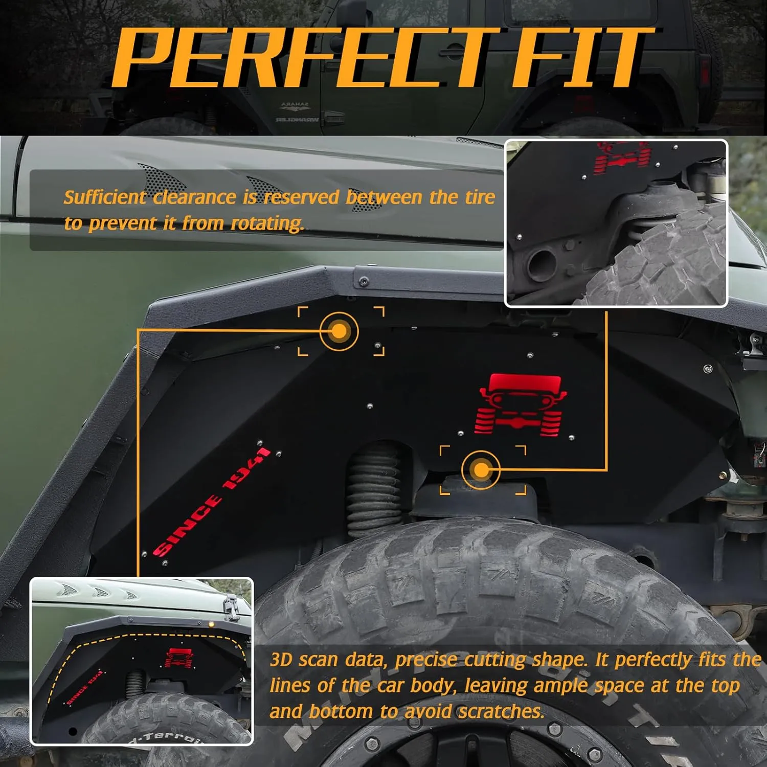 Inner Fender Front Fender Liners Compatible with Jeep Wrangler JK JKU Aluminum,with 4 LED Lights for 2007-2018 Wrangler Accessories JK JKU Sport Sahara Rubicon 2/4 Doors