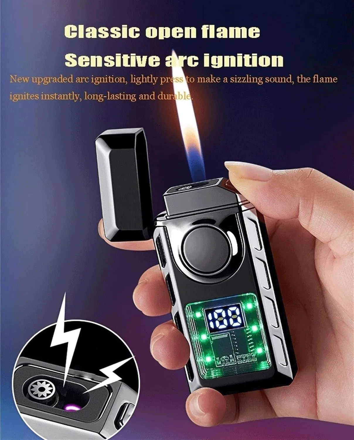 Intelligent induction voice-controlled lighter, transparent visible fuel tank, flame adjustment, fuel filling, dual flame lighter, can be given as a gift to husband or colleague (fuel not included)(Gr