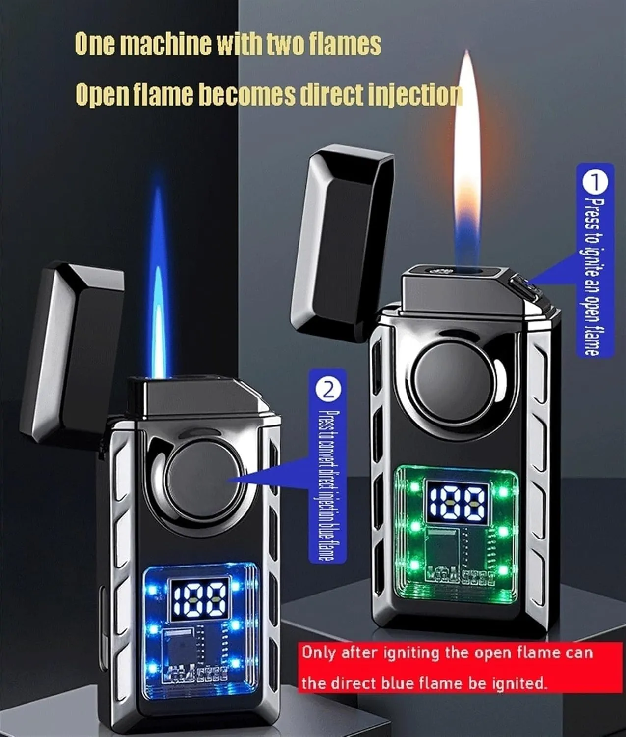 Intelligent induction voice-controlled lighter, transparent visible fuel tank, flame adjustment, fuel filling, dual flame lighter, can be given as a gift to husband or colleague (fuel not included)(Gr