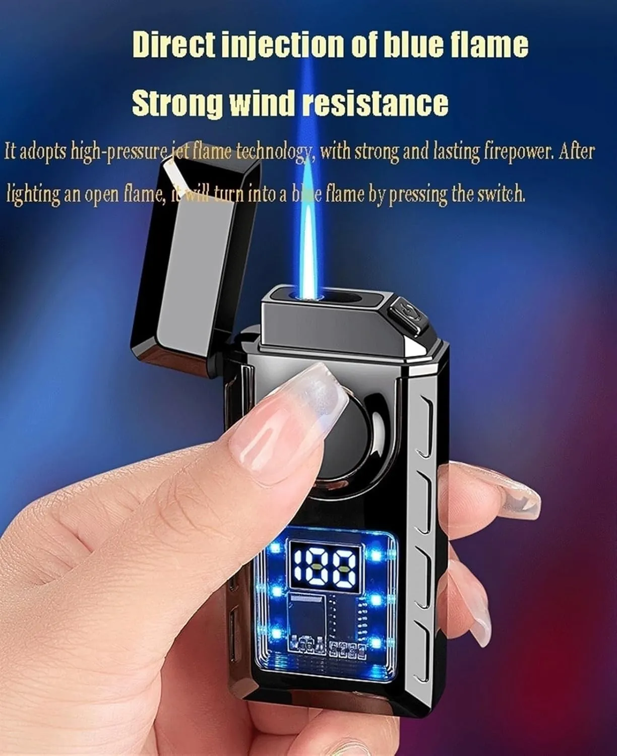 Intelligent induction voice-controlled lighter, transparent visible fuel tank, flame adjustment, fuel filling, dual flame lighter, can be given as a gift to husband or colleague (fuel not included)(Gr