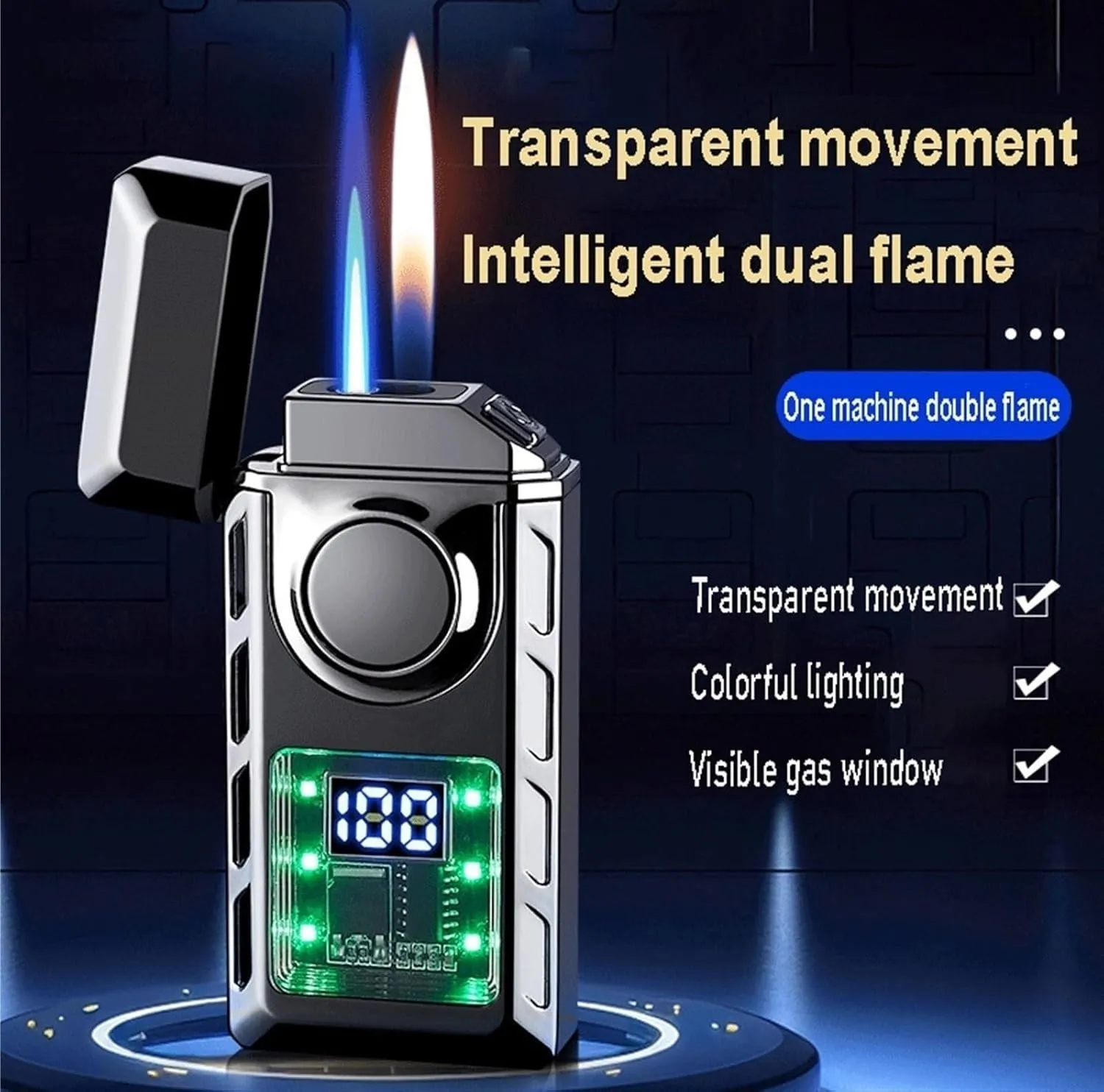 Intelligent induction voice-controlled lighter, transparent visible fuel tank, flame adjustment, fuel filling, dual flame lighter, can be given as a gift to husband or colleague (fuel not included)(Gr