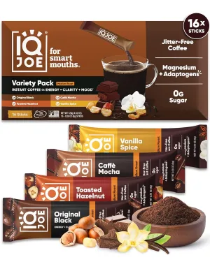 IQJOE Mushroom Instant Coffee - 4-in-1 Formula for Focus, Clarity, Mood, and Energy - Lion’s Mane, Magnesium L-Threonate, Antioxidants, Adaptogens, Sugar Free, Keto, Vegan - 16 Count Variety Pack