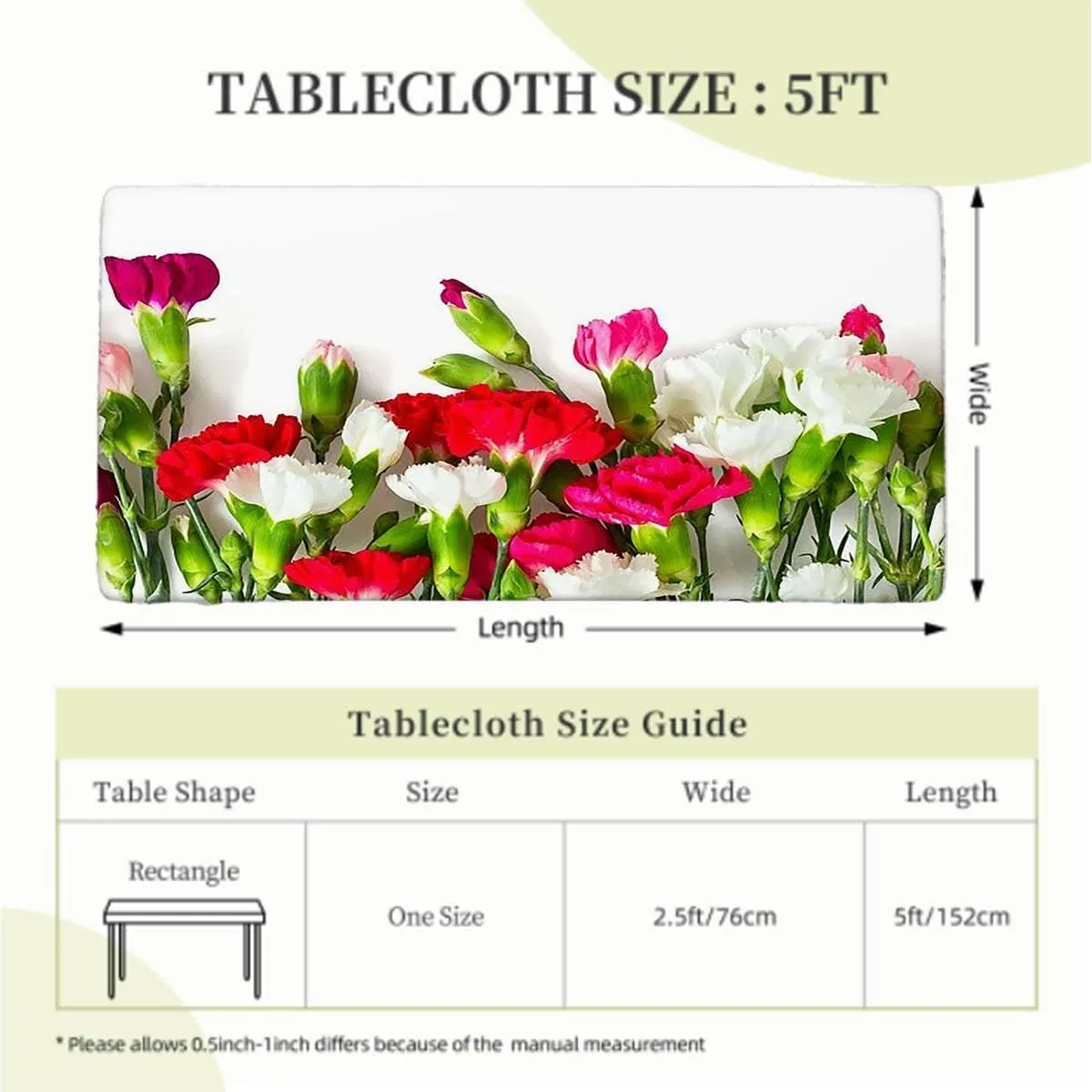 Ivory Green Red Fitted Table Cover for Square Tables Garden Tulips Floral Love Tablecloth Great for Indoor and Outdoor Dining and Playing Cards Flower Fits up 5 Foot Tables