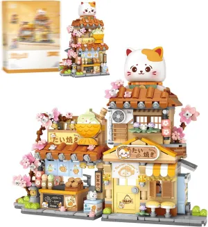 Japanese Street View Fish Shop Building Blocks Set, Creative Cat Theme House, Mini Blocks Simulation Architecture Construction Toy, Unique Gift for Adults (4801)