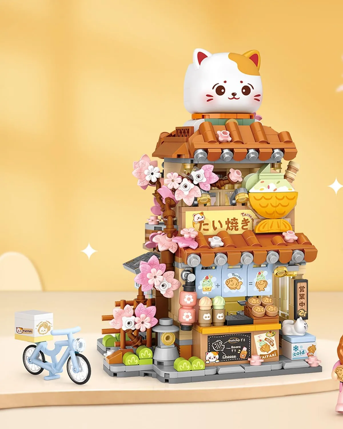 Japanese Street View Fish Shop Building Blocks Set, Creative Cat Theme House, Mini Blocks Simulation Architecture Construction Toy, Unique Gift for Adults (4801)
