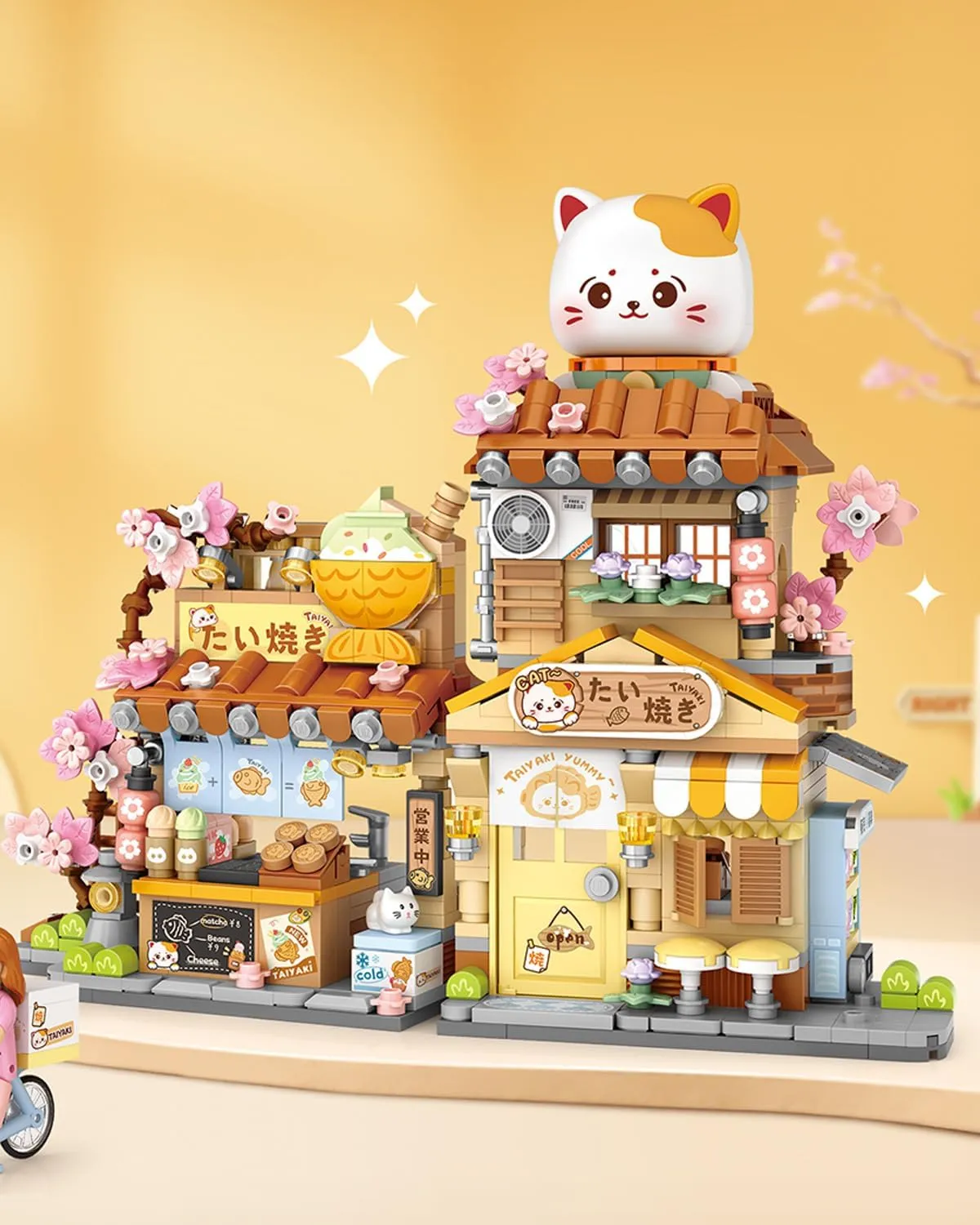 Japanese Street View Fish Shop Building Blocks Set, Creative Cat Theme House, Mini Blocks Simulation Architecture Construction Toy, Unique Gift for Adults (4801)