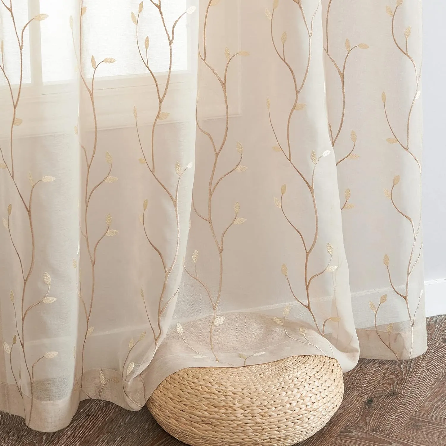 jinchan Beige Boho Sheer Linen Curtains for Bedroom 84 Inch Length Floral Embroidered Semi Sheer Privacy Drapes for Living Room Embroidery Voile Transparent Grommet Window Treatments 2 Panels
