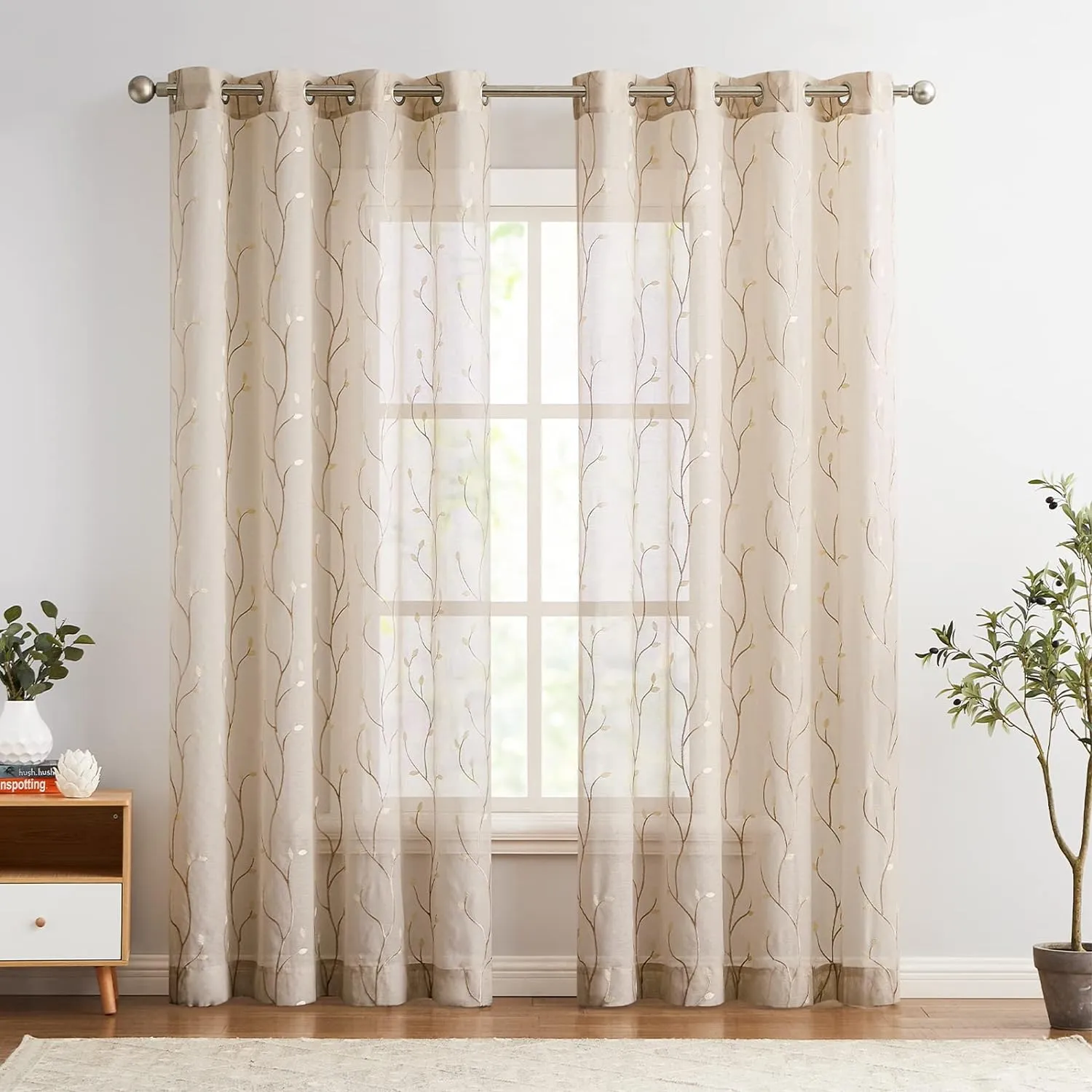 jinchan Beige Boho Sheer Linen Curtains for Bedroom 84 Inch Length Floral Embroidered Semi Sheer Privacy Drapes for Living Room Embroidery Voile Transparent Grommet Window Treatments 2 Panels