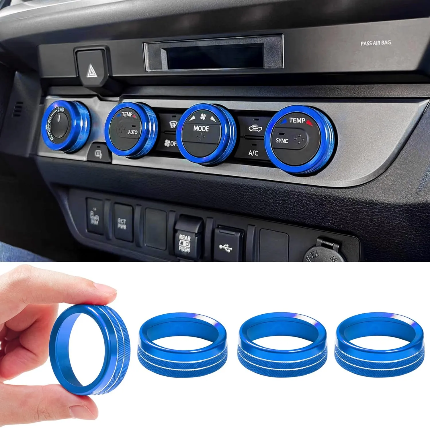 JKCOVER Interior Decorated Button Knob Covers Compatible with Toyota Tacoma 2016-2019 2020 2021 2022 2023, 4WD Temp Air Conditioner(Blue,4pcs)