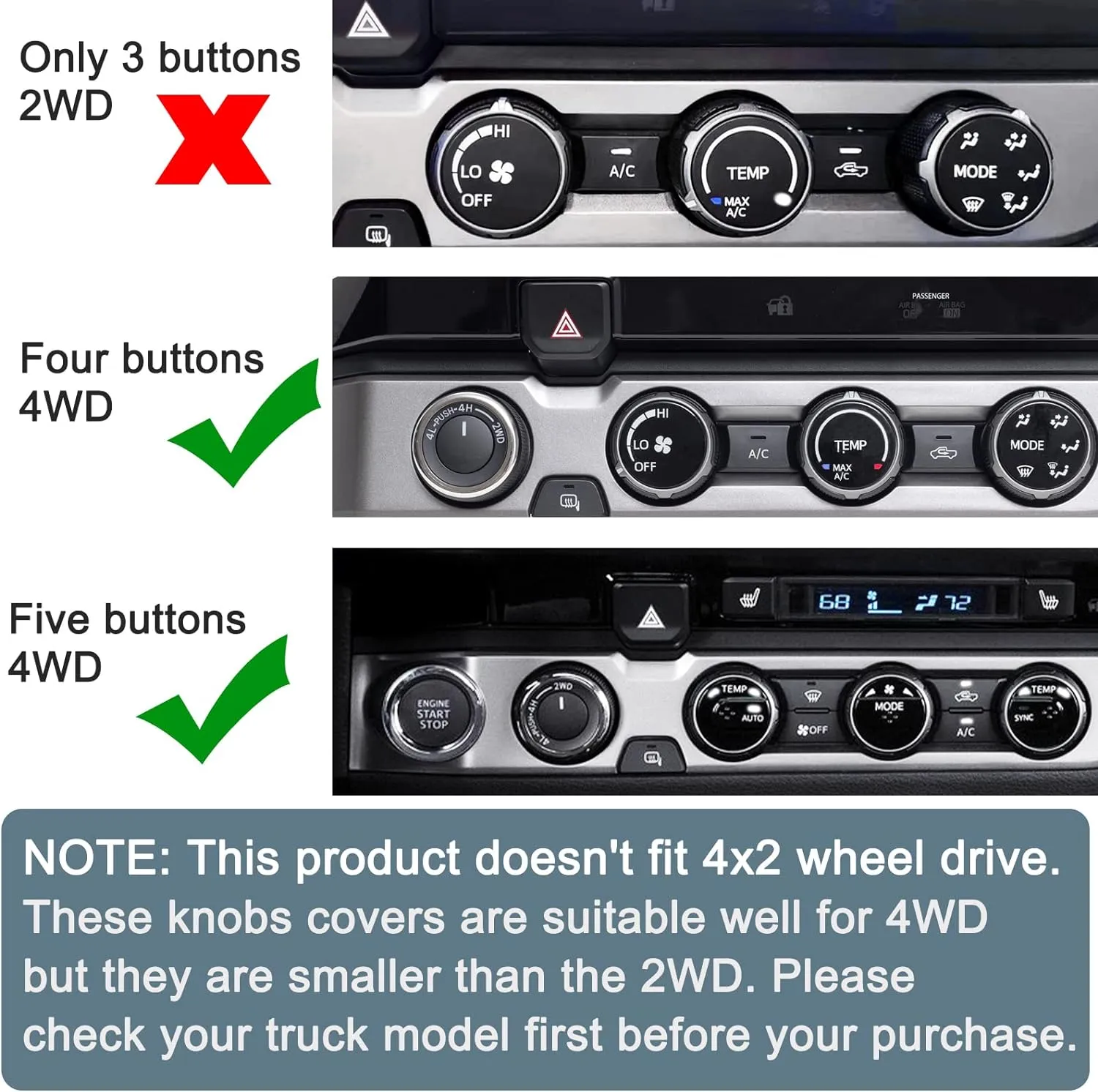JKCOVER Interior Decorated Button Knob Covers Compatible with Toyota Tacoma 2016-2019 2020 2021 2022 2023, 4WD Temp Air Conditioner(Blue,4pcs)