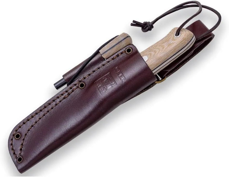 Joker Sport Hunting Knife Nórdico 115, Brown Leather Sheath, 3.94 inches Blade of SANDVIK 14C28N, Tool for Fishing, Hunting, Camping and Hiking (Micarta Canvas, Leather Sheath with FireStarter)