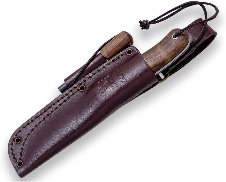Joker Trampero CN113-P BS9 Sports Hunting and Mountaineering Knife, 3.94 inches Blade, Sheath includes,Tool for Fishing, Hunting, Camping and Hiking (Walnut Wood, Leather Sheath   FireStarter)