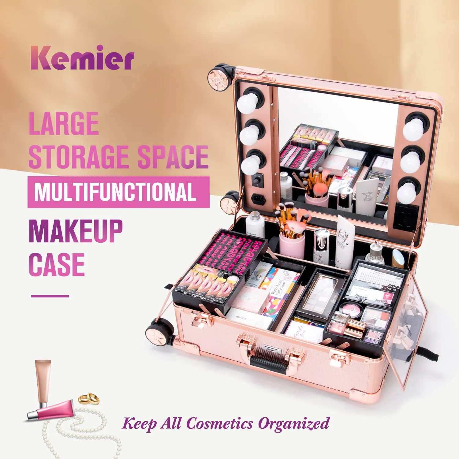 Kemier Makeup Case with Lighted Mirror Portable Makeup Vanity Station Professional Artist Cosmetic Organizer Studio with 4 Rolling Wheels Extendable Trays Adjustable Legs (Rose Gold)